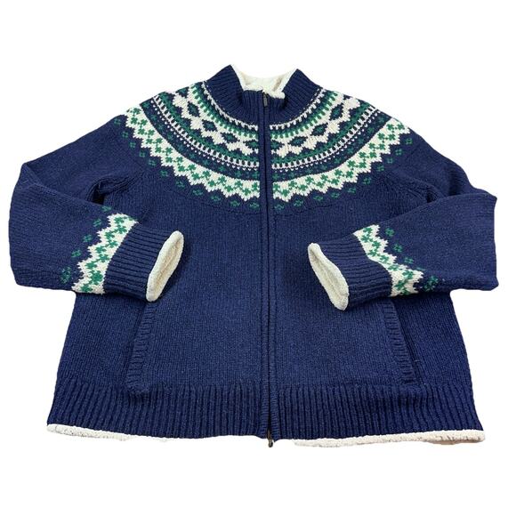LL Bean Sweater Jacket Unisex XL Blue Wool Sherpa Lined Fair Isle Full Zip - Picture 1 of 8